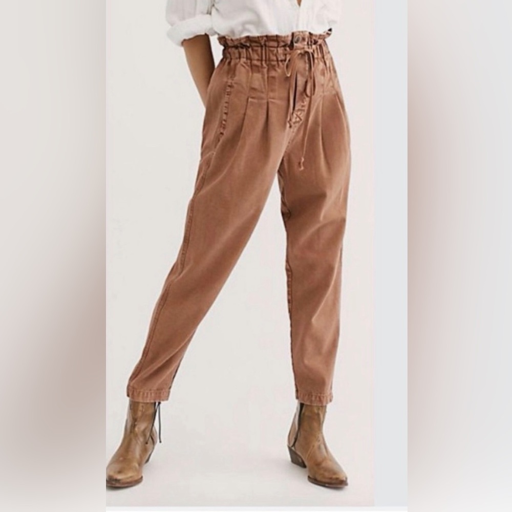 XS Free People Margate Paperbag Pleated Cropped Trousers Brown Pants High Rise
